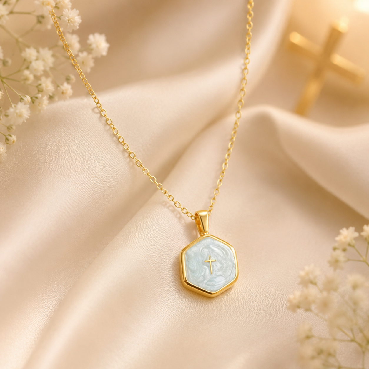 Blue Pearl Cross Necklace