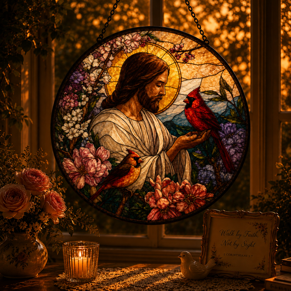 Jesus with Cardinals Suncatcher