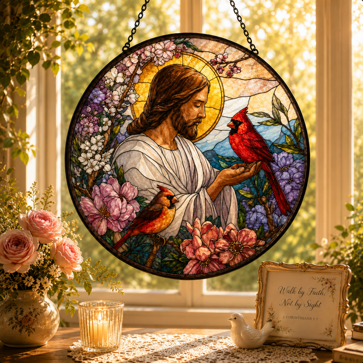 Jesus with Cardinals Suncatcher