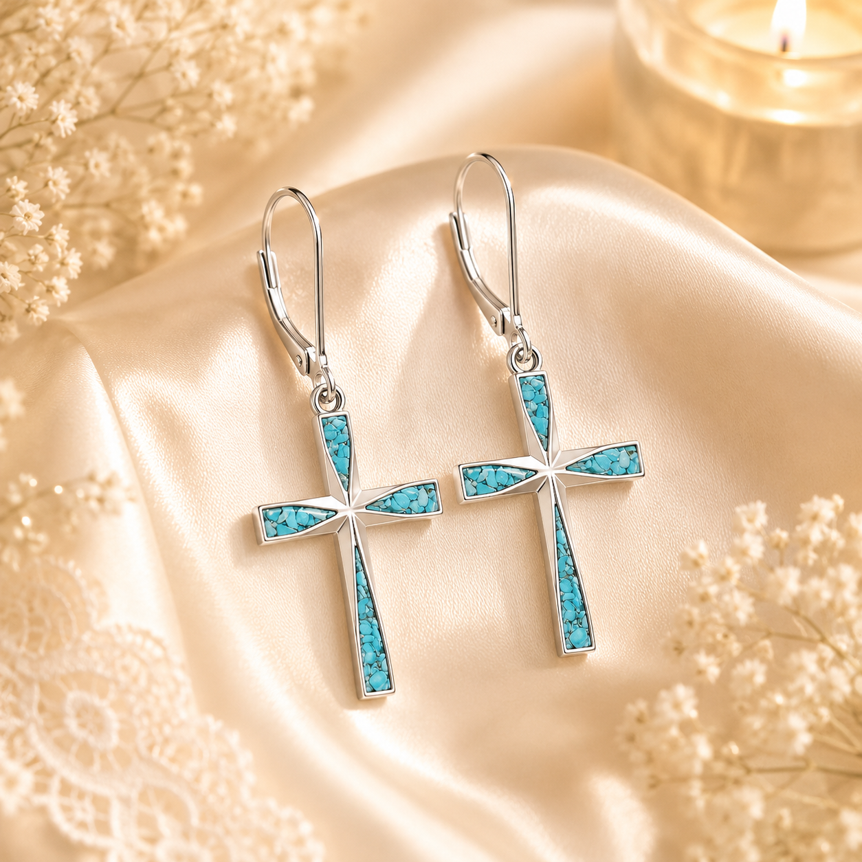 Turquoise Stone Cross Earrings